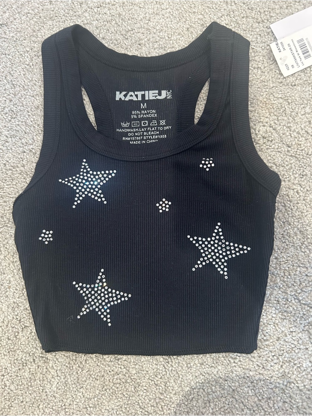 NWT KATIE J NYC Black Rhinestone Star Ribbed Tank (tween medium)